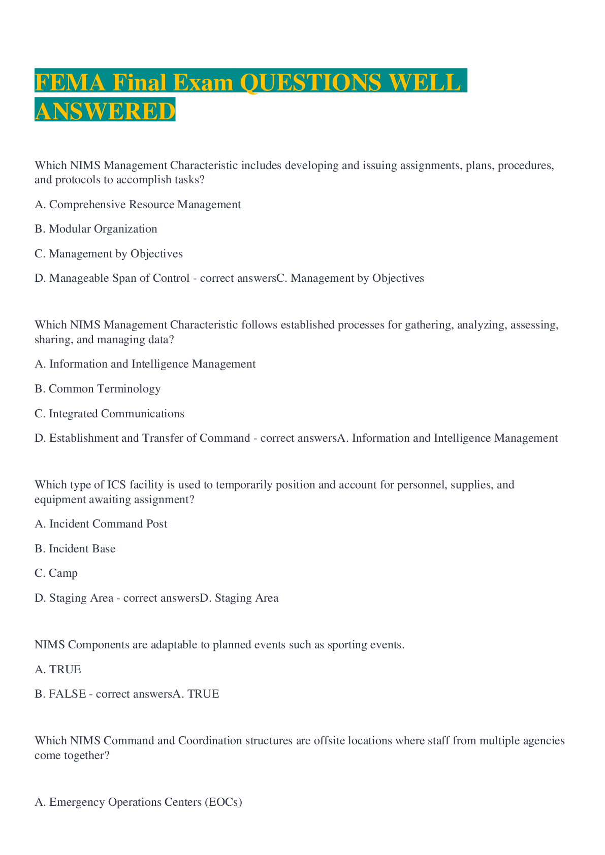 Preview image for FEMA Final Exam QUESTIONS WELL ANSWERED